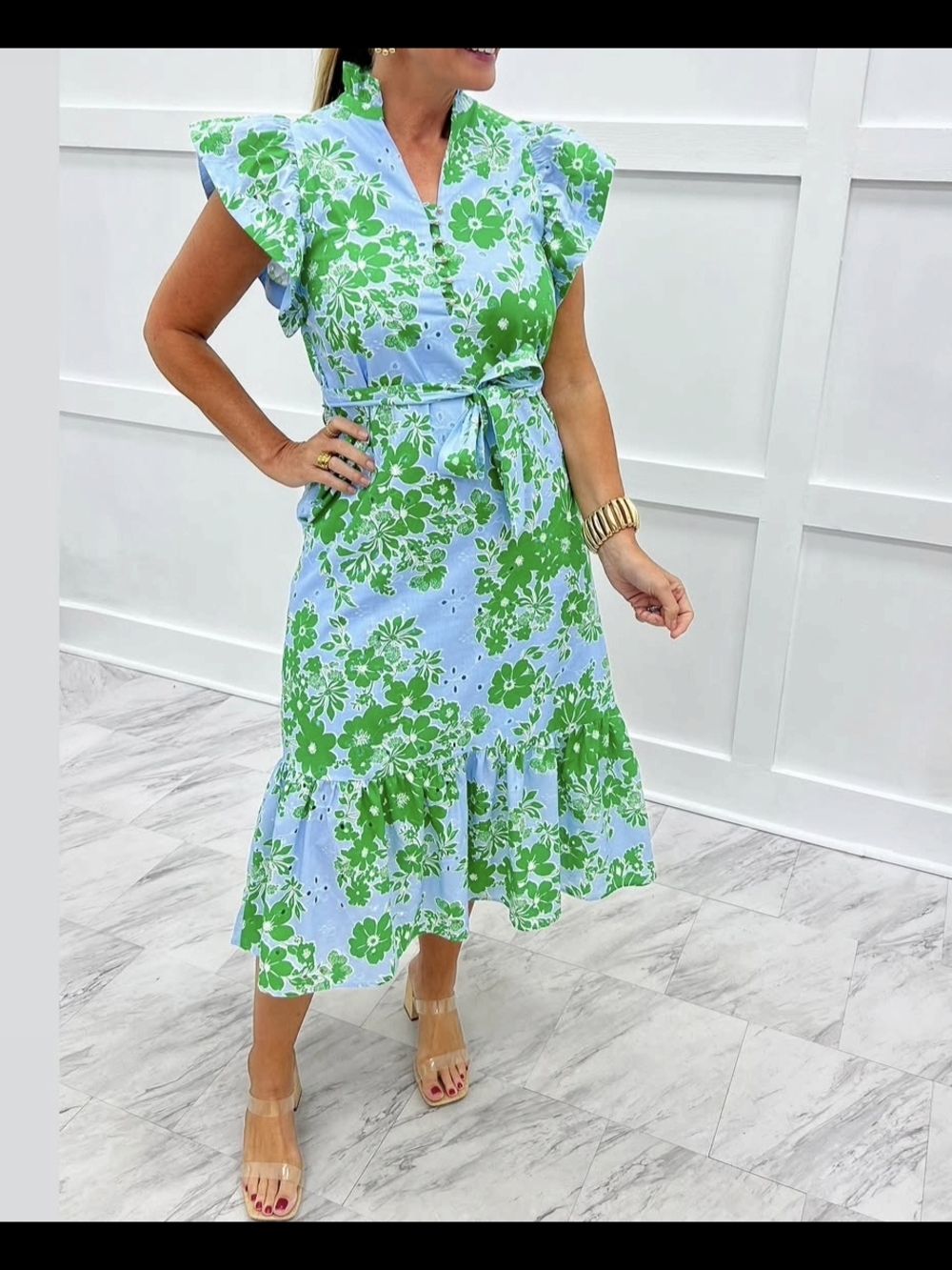 Gorgeous Blue and Green Floral Tie-Waist Midi Dress